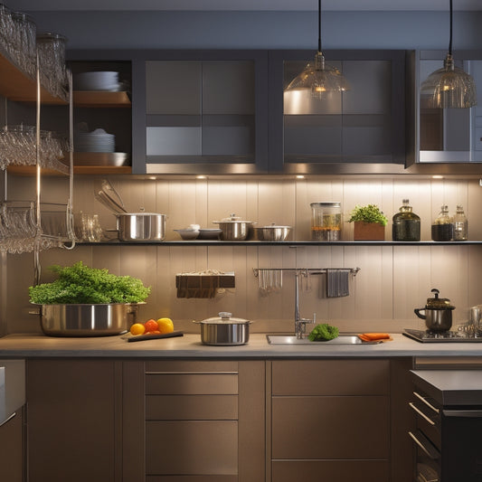 A modern kitchen with sleek, reflective stainless steel cabinets, drawers, and shelves, filled with neatly organized cookware, utensils, and dishes, illuminated by soft, warm lighting.