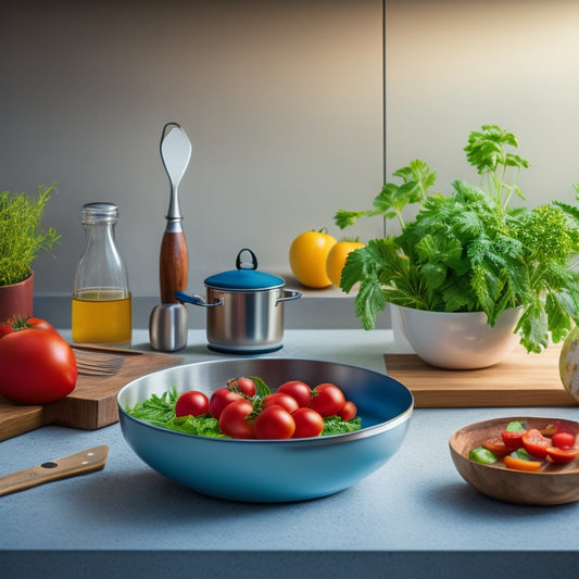 A modern kitchen countertop with a stainless steel stand mixer, a silicone-coated whisk, and a chef's knife on a wooden cutting board, surrounded by fresh herbs and a few ripe tomatoes.
