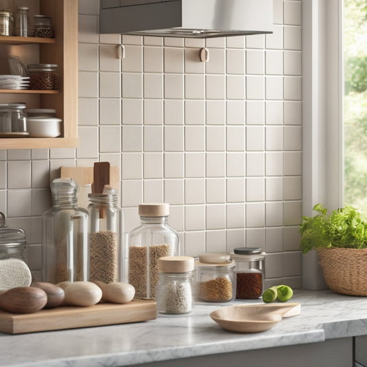 A chic small kitchen featuring sleek countertop storage solutions: a minimalist spice rack, a wooden utensil holder, and elegant glass jars, all arranged harmoniously against a backdrop of light-colored tiles and soft natural light.