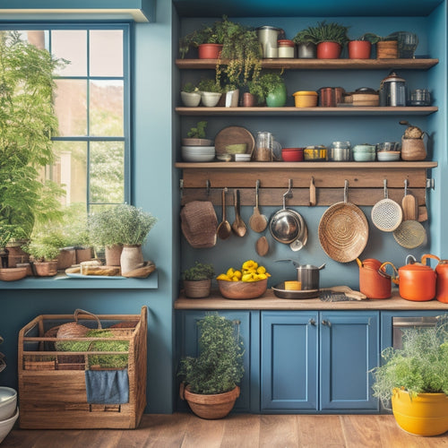 A well-organized kitchen with an over-the-door rack displaying pots, pans, and herbs. Bright colors, a sunny window, wooden shelves, and a cozy atmosphere. Tools and installation instructions neatly arranged on a nearby countertop.