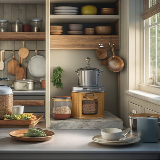 A warm and inviting kitchen with a few cleverly hidden compartments: a fake canister with a removable top, a hollowed-out cookbook, and a secret drawer behind a kitchen utensil holder.