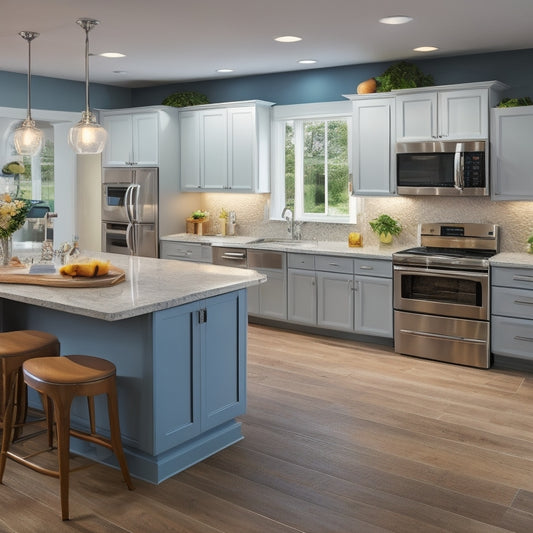 A modern kitchen with a wheelchair-accessible island, lowered countertops, and a roll-under sink, featuring a U-shaped layout with ample clearance and a contrasting color scheme to highlight accessibility features.