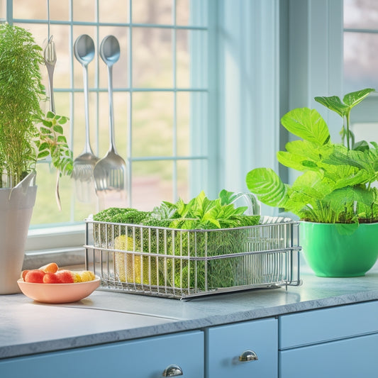A sleek, stainless steel expandable dish rack elegantly arranged in a contemporary kitchen setting, featuring soft natural light, vibrant green plants, and colorful dishware, with a minimalist countertop background emphasizing modern design aesthetics.