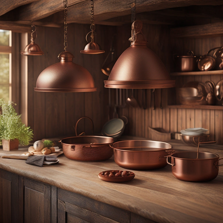 A stylish kitchen scene showcasing a wooden ceiling pot rack adorned with gleaming copper pots and pans, hung above a rustic farmhouse table, with warm lighting casting soft shadows for an inviting atmosphere.