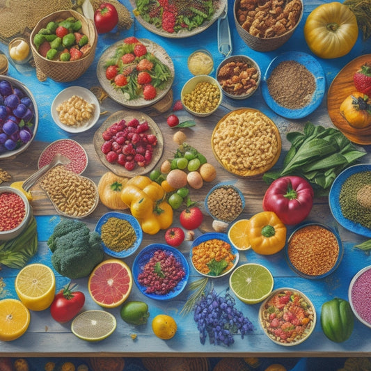 A vibrant illustration of a bustling food hub with diverse people of all ages gathered around a large, abundant table filled with fresh fruits, vegetables, and whole grains.
