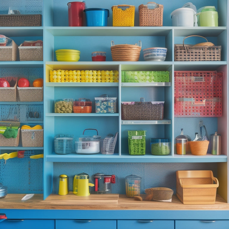 A tidy kitchen with rainbow-colored utensils, baskets, and labels organized by category on a pegboard, alongside a matching set of vibrant storage bins on open shelves.