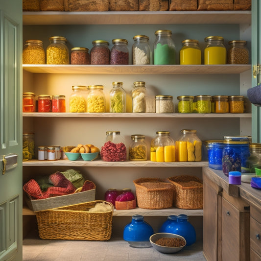 A colorful, organized pantry with shelves stocked with canned goods, baskets of fresh produce, and jars of homemade preserves, lit by a warm, golden light, with a piggy bank on the top shelf.