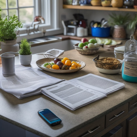 A cluttered kitchen counter with scattered recipe books, crumpled grocery lists, and expired coupons, contrasted with a tidy smartphone displaying a meal planning app's organized dashboard.