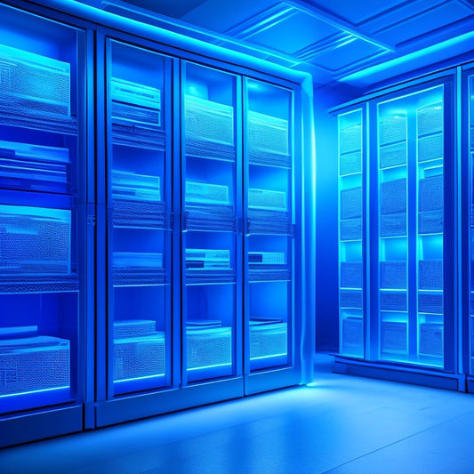 A futuristic, minimalist illustration of a virtual filing cabinet with glowing blue folders and shelves, surrounded by orbiting digital documents and a subtle network of connections in the background.