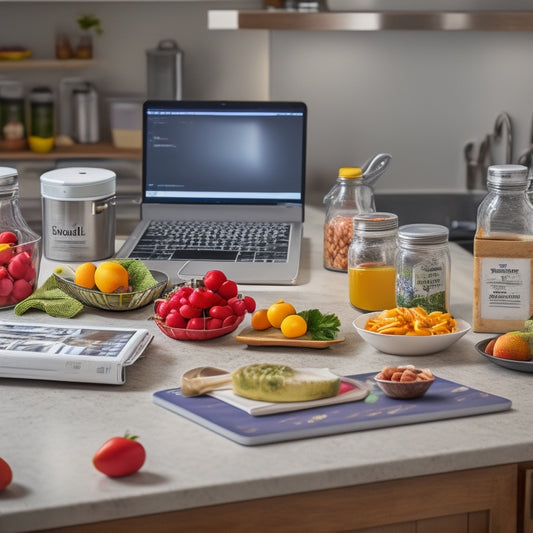 A tidy kitchen countertop with a laptop open to a Google Sheets page, surrounded by organized food cans, a basket of fresh fruits, and a few cookbooks, with a subtle background blur.