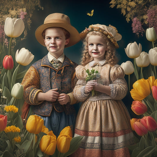 A whimsical illustration of a Dutch boy and girl, dressed in traditional attire, surrounded by blooming tulips and fluttering butterflies, set against a soft, creamy background with subtle, golden accents.