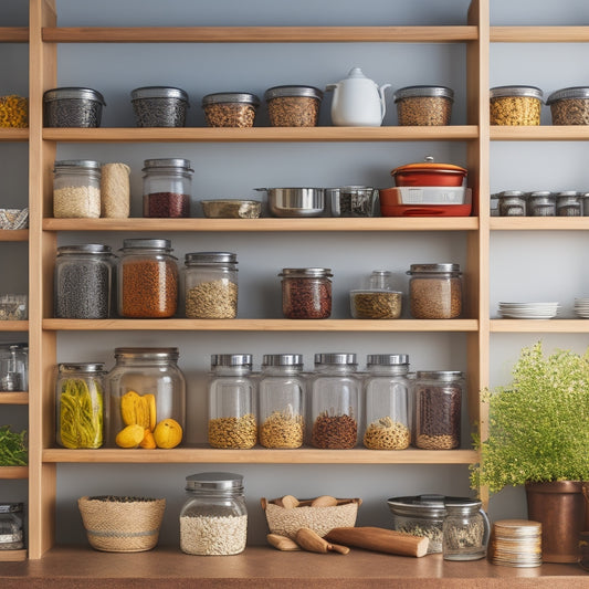 A beautifully organized kitchen cabinet featuring a multi-tiered rack system, showcasing neatly arranged spices, jars, and cookware. Soft natural light filters through the cabinet, highlighting the sleek design and vibrant colors of the items.