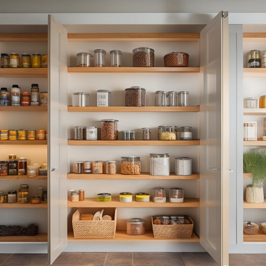 A modern kitchen featuring a sleek, wooden sliding drawer pantry, filled with neatly organized jars, spices, and canned goods, illuminated by soft, warm lighting, showcasing efficient use of vertical space and clever storage solutions.