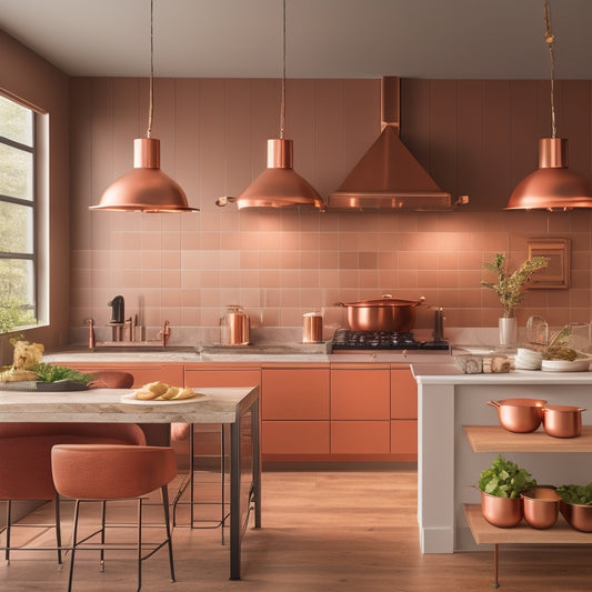 A sleek, modern kitchen featuring an adjustable height ceiling-mounted pot rack, showcasing gleaming copper pots and pans, with warm, ambient lighting, and stylish wooden cabinetry in a cozy, inviting atmosphere.