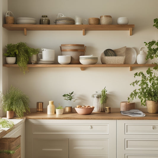 A beautifully styled kitchen with a large, wooden shelf installed above a counter, adorned with decorative vases, cookbooks, and a few potted plants, against a light, creamy background.