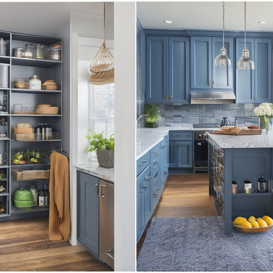 A modern, bright kitchen with sleek cabinetry, featuring a pull-out pantry with labeled baskets, a built-in wine rack, and a corner carousel with cookbooks, utensils, and decorative items.