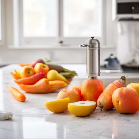 A stainless steel swivel peeler lies on a clean, white marble countertop, surrounded by vibrant, peeled carrots and apples, with a subtle kitchen background and warm, soft lighting.