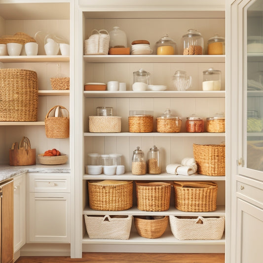 A serene, light-filled pantry with creamy white cabinets, warm wood accents, and a statement geometric-patterned backsplash, featuring a few carefully placed decorative jars and a woven storage basket.