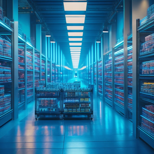 A futuristic warehouse with rows of shelves, robots navigating aisles, and a large digital screen displaying real-time inventory levels, with colorful graphs and charts in the background.