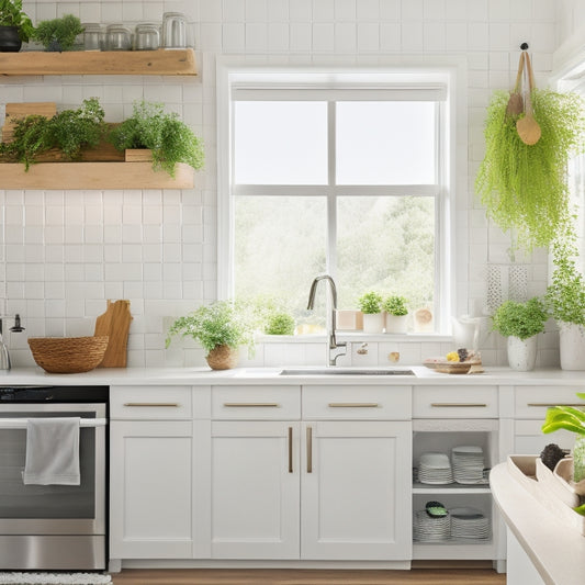 A bright, modern kitchen with sleek white cabinets, featuring pull-out spice racks, tiered drawer organizers, and a utensil pegboard, surrounded by fresh greenery and warm natural light.