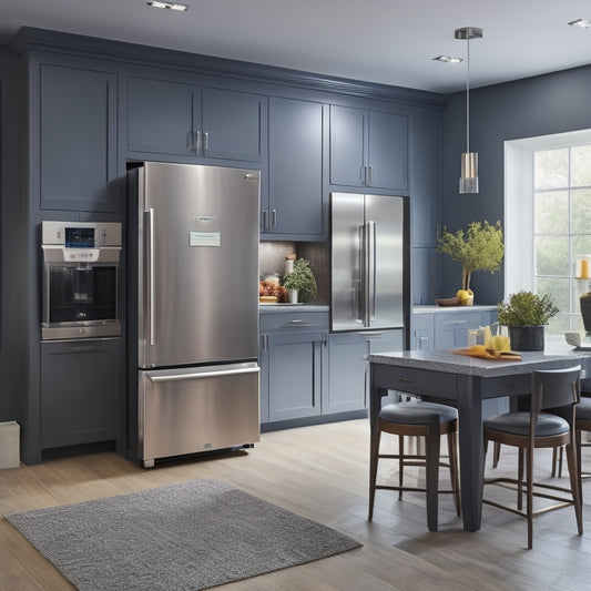 A modern kitchen with sleek, gray cabinets, a large island, and a stainless steel refrigerator, featuring various digital storage solutions, including a tablet mounted on the wall and a smart fridge display.