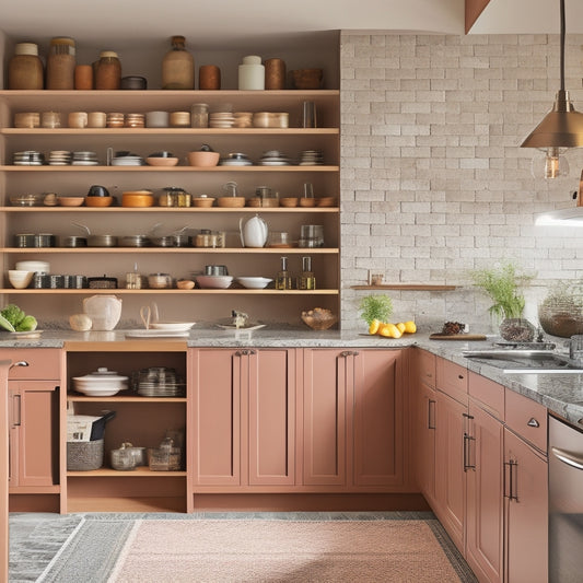 A modern kitchen featuring sleek, pull-out shelves, under-cabinet lighting illuminating organized spice racks, a stylish island with hidden compartments, and creative vertical storage for pots and pans, all in a warm, inviting color palette.
