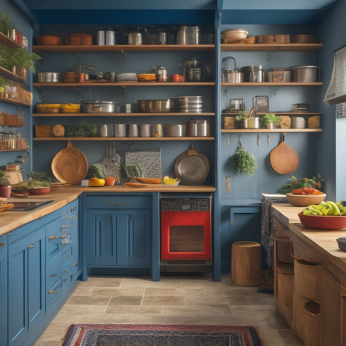 A spacious kitchen with a wooden door featuring multiple hanging shelves and organizers, filled with pots, pans, and spices. Brightly colored utensils and a family-sized meal prep area visible in the background.