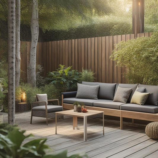 A serene outdoor space featuring a modern Woodbox R60 design, with horizontal wooden slats, sleek metal frames, and lush greenery, surrounded by comfortable outdoor furniture and soft warm lighting.