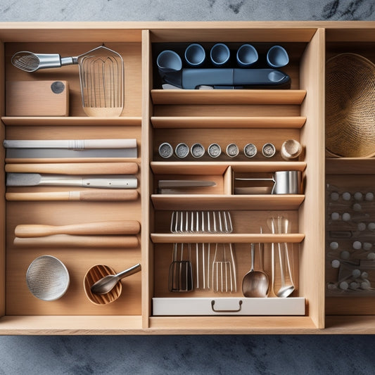 A well-organized kitchen drawer with various utensils, such as whisks, spatulas, and wooden spoons, neatly arranged in separate compartments using different types of dividers, including adjustable, stackable, and inserts.