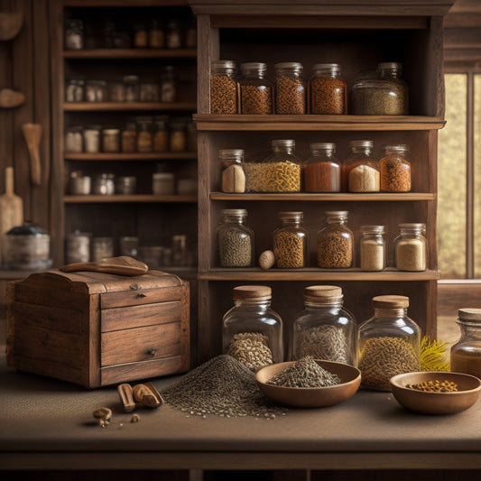A rustic wooden spice rack adorned with apothecary-style jars, each featuring a unique, hand-drawn illustration of a spice or herb, amidst a warm, golden-lit farmhouse kitchen backdrop.