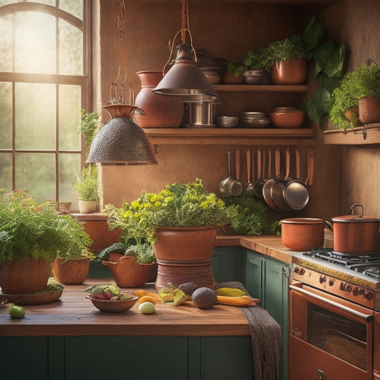 A cozy kitchen corner featuring a rustic hanging pot rack adorned with various copper pots, herbs in terracotta pots, and sunlight streaming through a window, illuminating the vibrant colors of fresh vegetables on a wooden countertop.