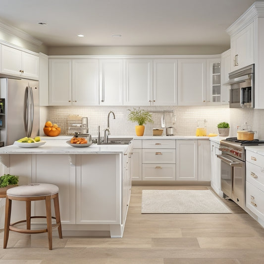 A modern kitchen with sleek, white cabinets, a large center island, and a walk-in pantry, featuring a mix of open shelving, soft-close drawers, and pull-out trash cans, set against a warm, beige background.