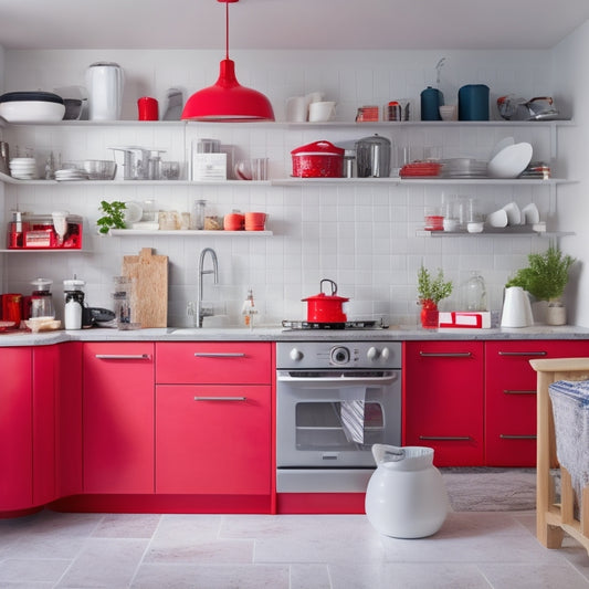 A bright, modern kitchen with a bold, red "X" marked through a cluttered countertop, contrasted with a tidy, organized space featuring a fire extinguisher, a first-aid kit, and a calendar with checkboxes.