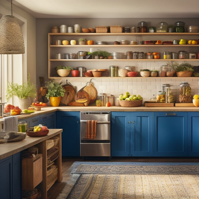 A spacious kitchen featuring sleek, sliding pantry drawers filled with colorful jars, neatly organized spices, and fresh produce, surrounded by busy family members preparing meals, with warm lighting and a modern aesthetic.