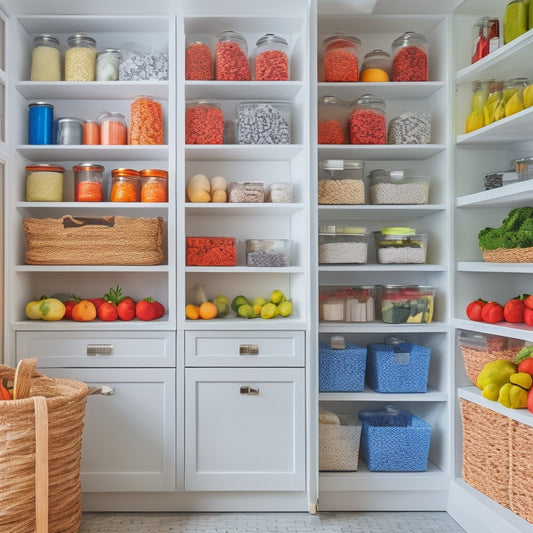 A bright, modern pantry with sleek white shelves and drawers, filled with neatly arranged jars, baskets, and bins in various shapes and sizes, with a few fresh fruits and vegetables on display.