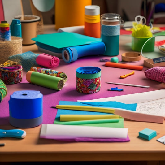 A cluttered craft table with scissors, colorful fabric scraps, and a roll of freezer paper, surrounded by half-finished DIY projects, with a few paper templates and a pencil lying nearby.