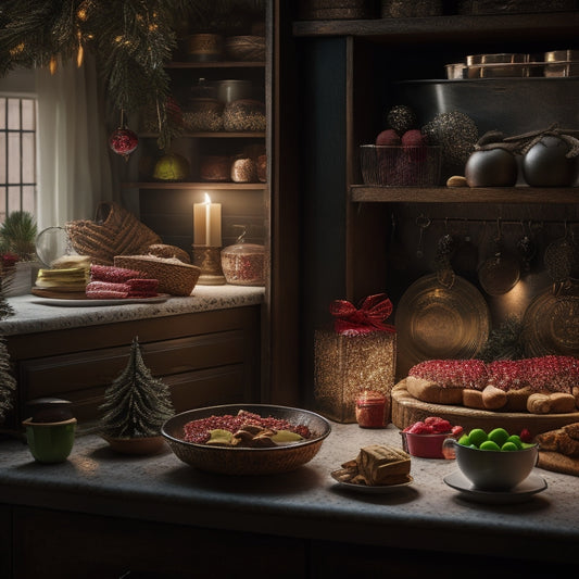 A dimly lit, cluttered kitchen cabinet filled with hidden holiday treats and dusty decorations, with a few festive items spilling out onto the countertop.