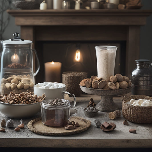 A warm and inviting scene featuring a wooden table topped with a hot cocoa bar setup, complete with steaming mugs, marshmallows, chocolate chips, and an assortment of toppings in decorative jars and containers.