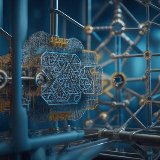 An interconnected web of gears, pipes, and nodes, with data streams flowing through, surrounded by a subtle grid of tiny squares, conveying a sense of organized complexity and masterful control.