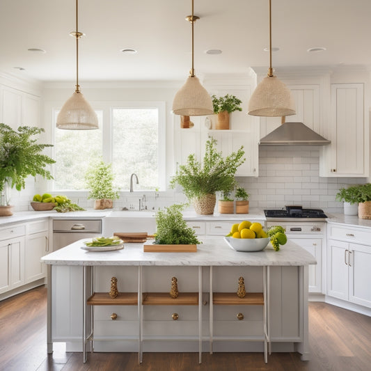 A bright, airy kitchen with white cabinets, sleek countertops, and a large island, adorned with lush greenery, modern pendant lights, and a few strategically placed decorative accessories.