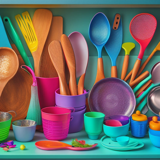 A colorful, organized kitchen utensil drawer with measuring cups, spoons, and scales surrounded by swirling lines and shapes, conveying a sense of movement and conversion.