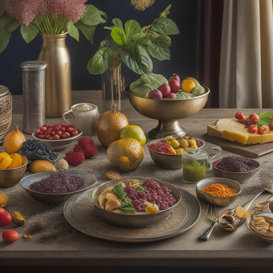 A warm, golden-lit kitchen table with a few, artfully arranged no-cook meal ingredients, such as colorful fruits, nuts, and cheese, surrounded by a few gourmet-looking plates and utensils.