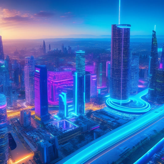 A futuristic cityscape with sleek skyscrapers, vibrant neon lights, and holographic projections, surrounded by 3D printed buildings, drones, and augmented reality visors, showcasing cutting-edge architecture and technology.