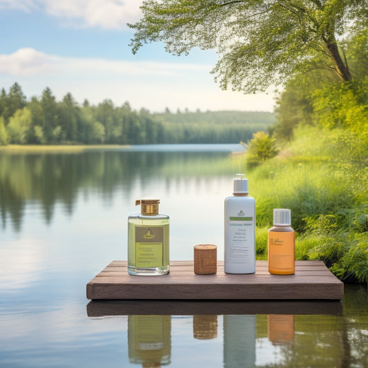 A serene, natural setting with a calm lake, lush greenery, and a few trees, featuring a wooden dock with a few premium wellness products, such as essential oils and skincare bottles, arranged artfully.