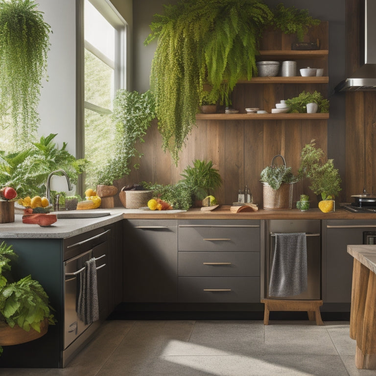 A serene, modern kitchen with lush greenery, reclaimed wood accents, and eco-friendly appliances, featuring a living wall, a stainless steel compost bin, and a bowl of fresh, organic fruits.