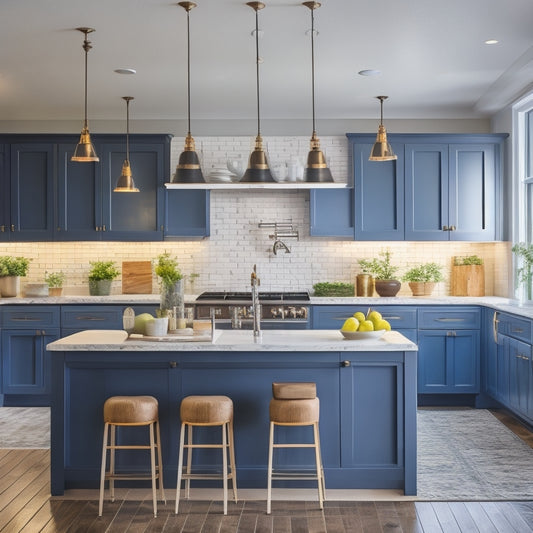 A bright, modern kitchen with a large island, pendant lights, and a subway tile backsplash, featuring a mix of open shelves, cabinets, and a few strategically placed post-it notes and blueprint sketches.