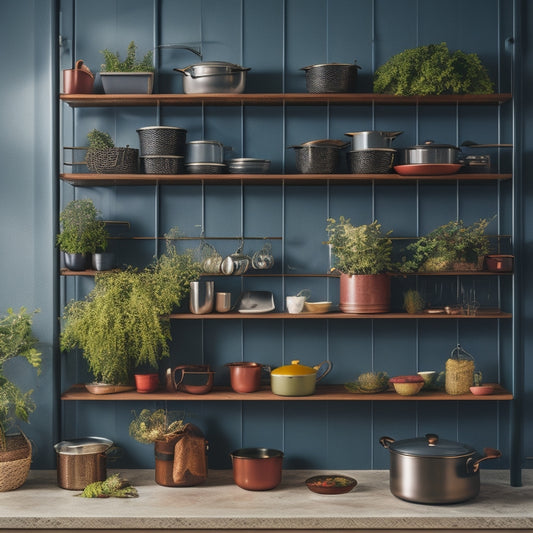 A modern kitchen showcasing a sleek, metallic tiered pot rack against a rustic wall. The rack displays an array of colorful pots and pans, with herbs in pots below, emphasizing organization and style.