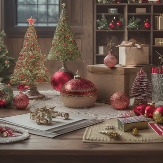 A festive holiday scene featuring a vintage-inspired wooden desk, adorned with merry ornaments, surrounded by scattered Christmas tags in various shapes, sizes, and colors, with a few lying on a nearby doily.