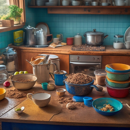 A chaotic kitchen countertop cluttered with piles of dirty dishes, expired food containers, and dusty appliances, with a single, lost coffee mug buried beneath the disarray, surrounded by faint coffee ring stains.