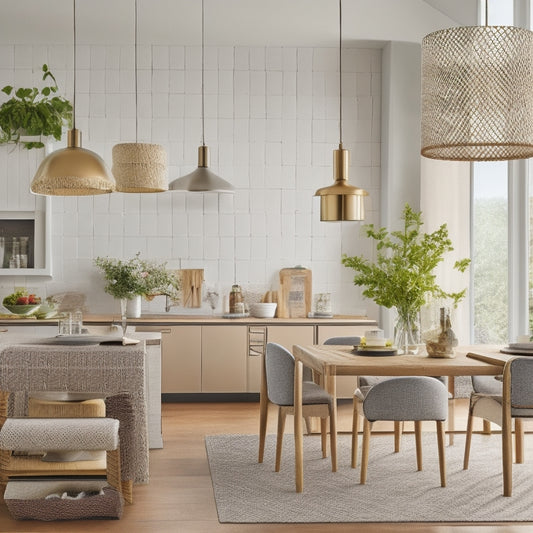 Generate an image depicting a modern kitchen with a stylish woven wall hanging above a sleek island, surrounded by woven placemats, napkin rings, and a statement light fixture featuring woven shades.